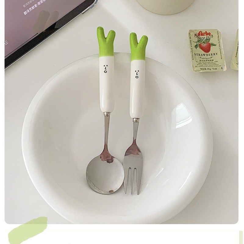 陶瓷可爱大葱304不锈钢勺叉便携餐具高颜值学生儿童便捷三件套餐