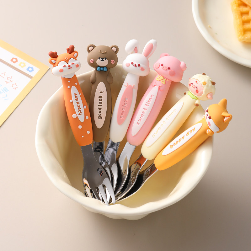 卡通316不锈钢辅食叉可爱学吃饭短勺叉宝宝儿童餐具自主进食训练