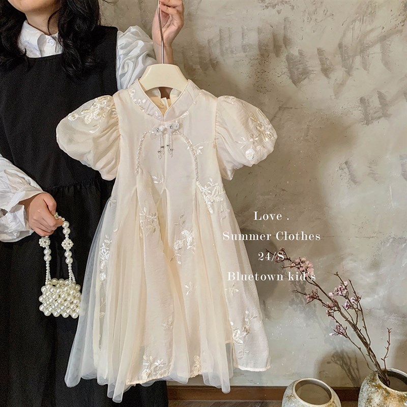 女童鱼尾旗袍连衣裙24年夏季儿童宝宝刺绣巨软改良汉服中式公主裙