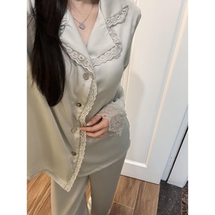 新款 少女宫廷c风高级感拼接蕾丝冰丝睡衣女春秋款 可外穿家居服套
