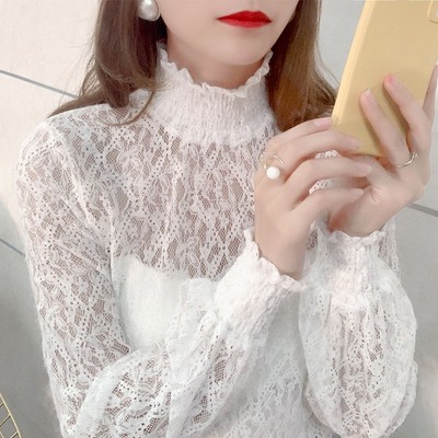柔软白色a磨毛保暖蕾丝打底衫女高领秋冬洋气灯笼袖内搭网纱上衣