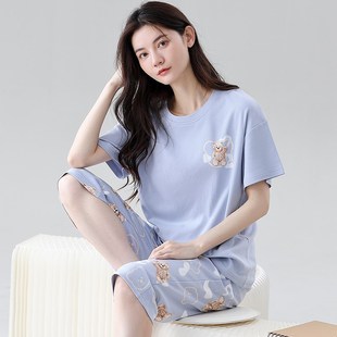薄款 七分裤 睡衣女夏季 纯棉短袖 圆领F2025新款 可外穿家居服套装