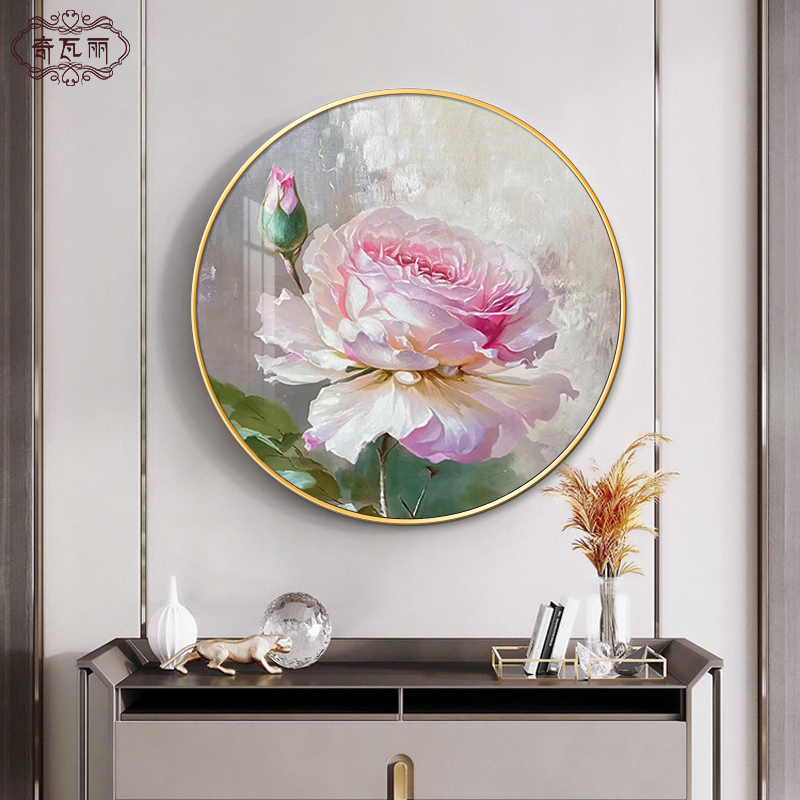 牡丹花入户玄关装饰画圆形u轻奢餐厅壁画走廊过道挂画客厅led灯画图片