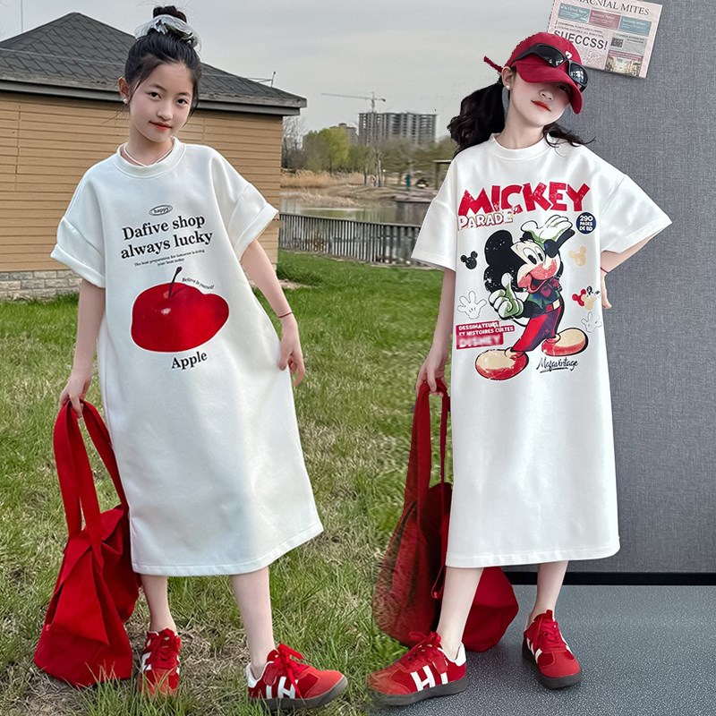 大童连衣裙短袖夏季新款2025洋气女童长款棉t恤针织长裙亲子童装