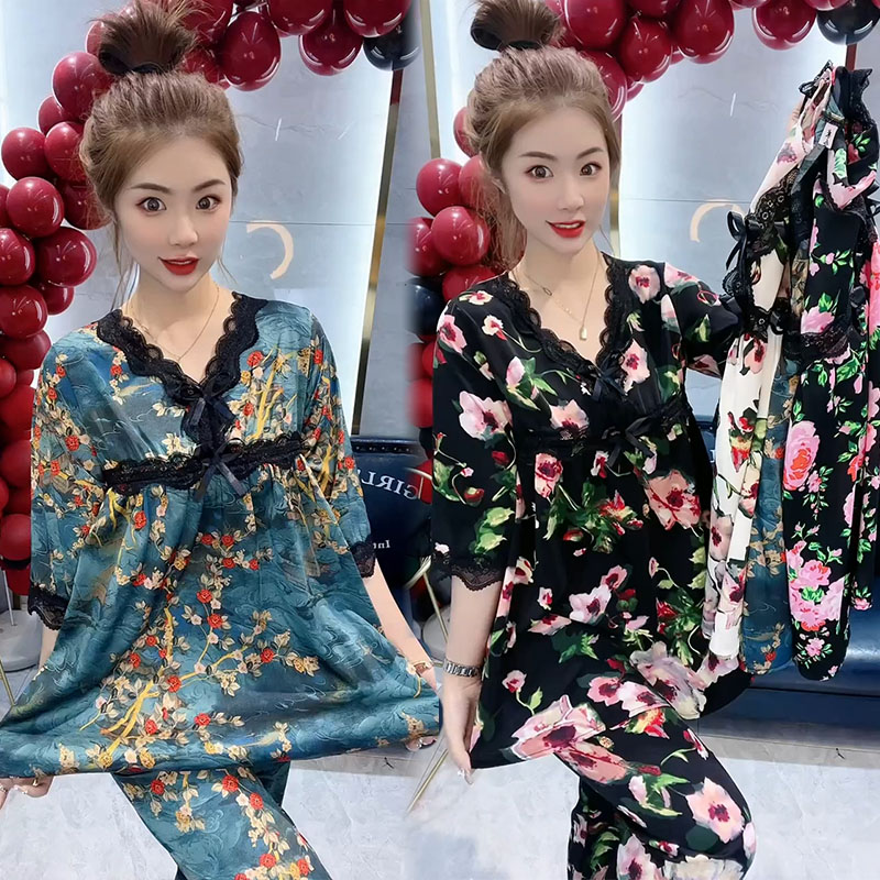 韩版睡衣女网红大码春秋新碎花zV领蕾丝花边上衣长裤家居服套装夏