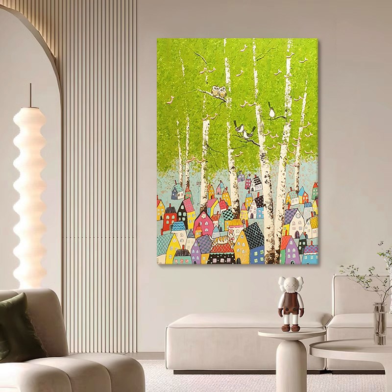 小众艺术纯手绘油画卡通小镇w玄关挂画白桦树客厅装饰画绿色肌理图片