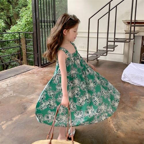 X0184童装女童连衣裙2023夏BC季新款洋气线条花不规则背心裙夏装