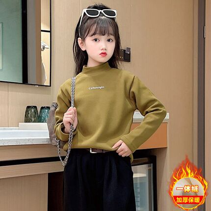 女童打底衫秋冬新款加绒r加厚儿童长袖t恤冬季大童半X高领德绒上