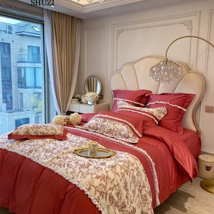 全棉印花新婚庆四件套全棉100支长绒棉红Q色结婚被套床单床笠 法式