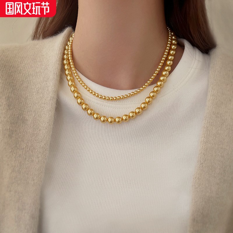 高级感双层金色珍珠项链女轻奢小众卫衣毛衣链颈链送妈妈生日礼物