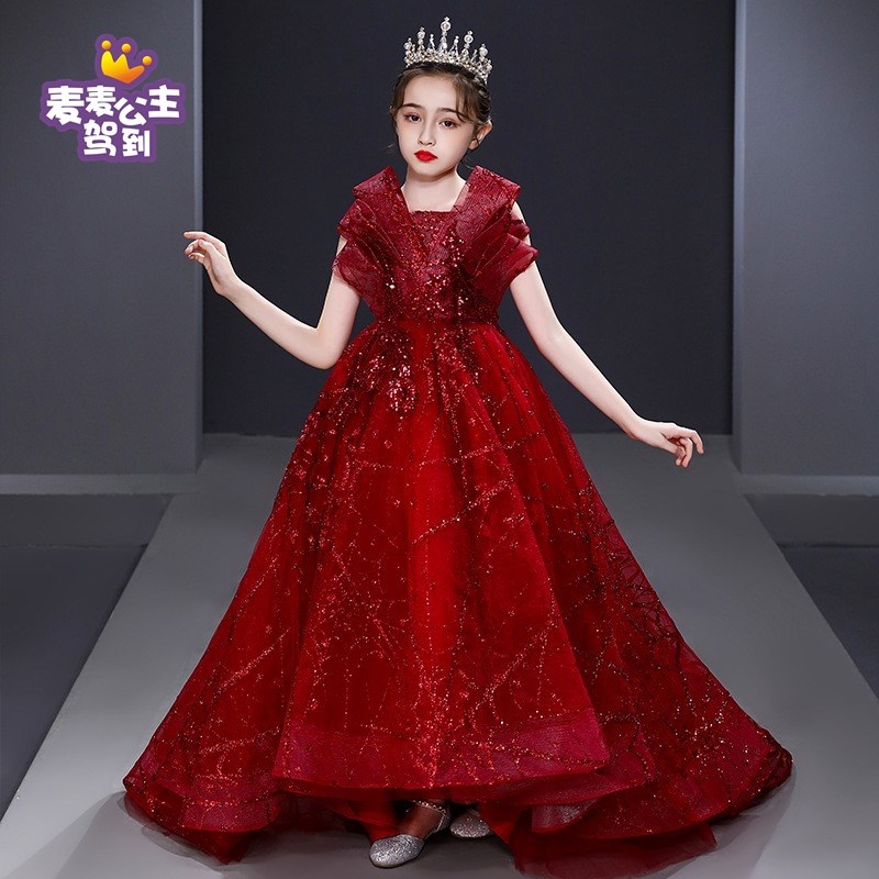 高端儿童走秀f礼服红色连衣裙大拖尾公主裙女童钢琴演奏演出服主