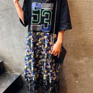 大码 字母蕾丝拼X接碎花连衣裙 胖mm宽松减龄裙子女2023年夏季 新款