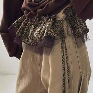 纯欲风性感豹纹荷叶边迷你围裙复古美式辣妹叠穿裙帘系带腰封屁帘