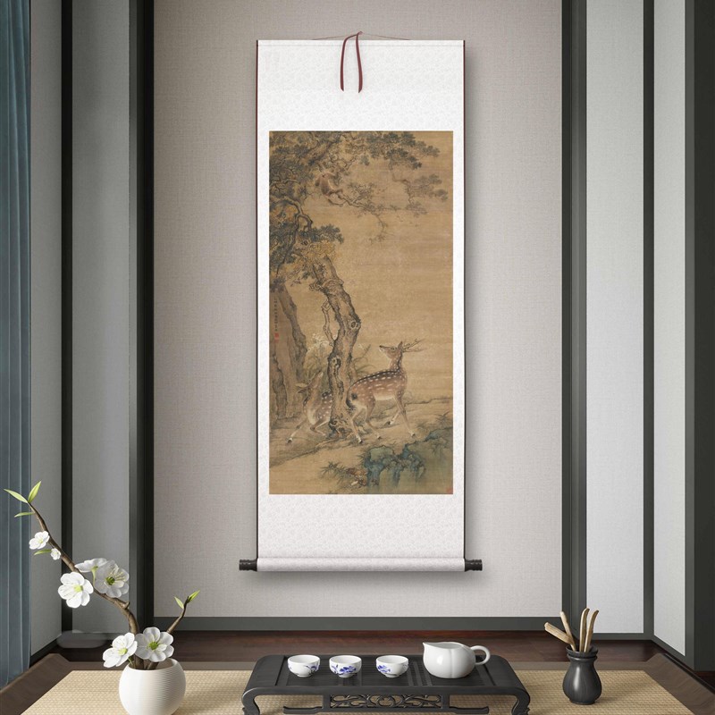 沈铨《柏鹿图》客厅书房茶u室吉祥如意装饰挂画玄关高清卷轴字画图片