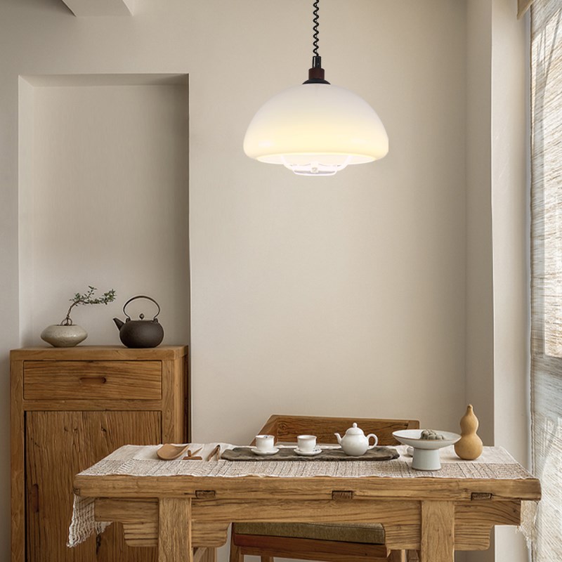 现代简约玻璃餐厅吊灯可伸缩升降圆桌吧台灯复古实木奶油风卧室灯
