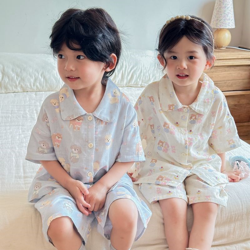儿童短袖睡衣纯棉纱布夏季薄款男童女童薄款空调服宝宝夏天家居服