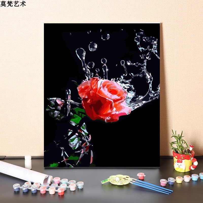 数字油画diy填充手o工填色消磨时间水滴红色玫瑰花涂色丙烯油彩画