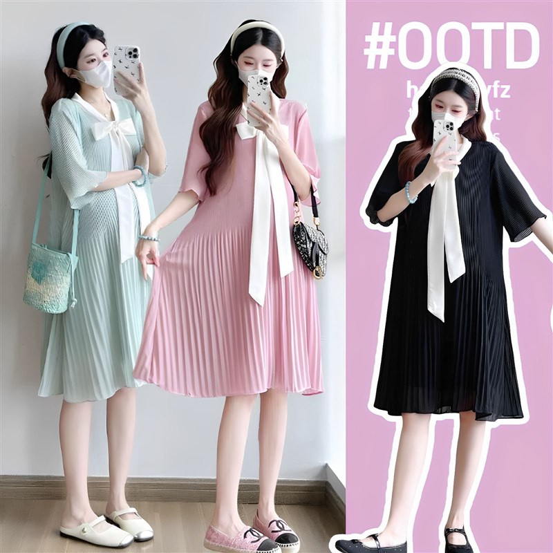 大尺码孕妇洋装夏季薄款时尚百褶甜美减龄宽松遮肚雪纺裙子200斤