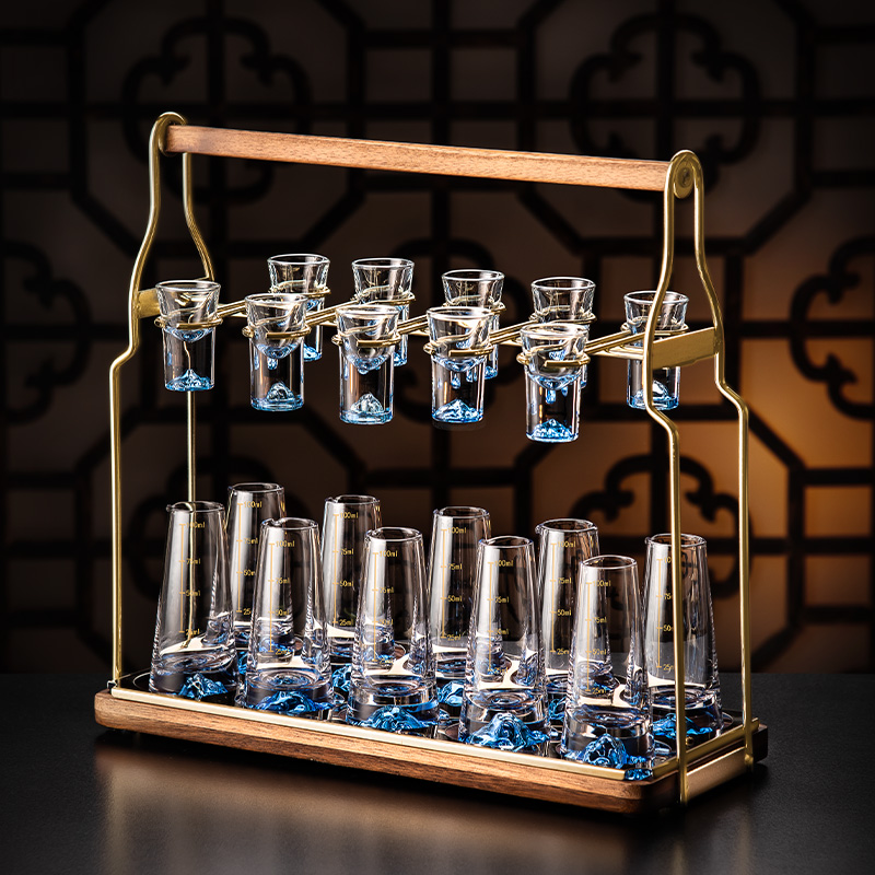 中式高端蓝山白酒杯套装家用水晶玻璃小一口杯酒盅轻奢分酒器酒具