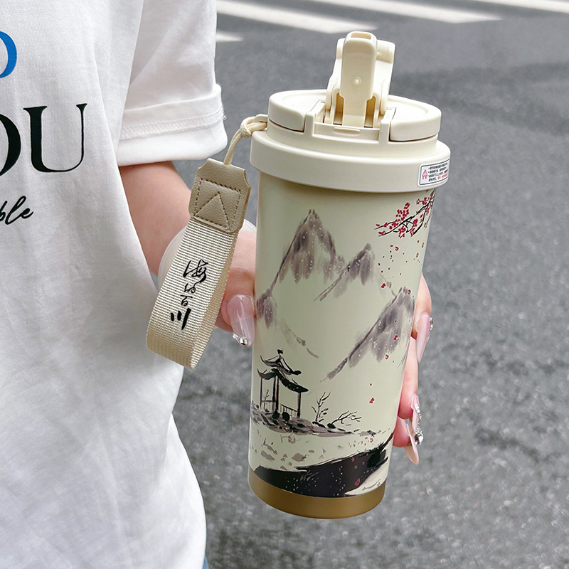 新中式保温杯2024新款男女生高颜值双饮水杯茶水分离咖啡杯子便携