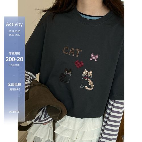 POXFFEE/小猫新刺绣短袖t恤女美式宽松小众设计感内搭打底衫上衣