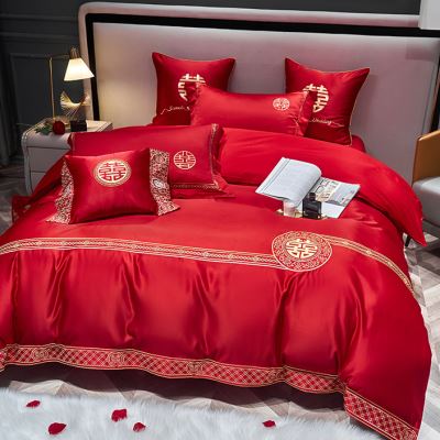 婚庆大红四件套简约喜庆被套刺绣床单笠新结婚房T陪嫁礼床上用品4