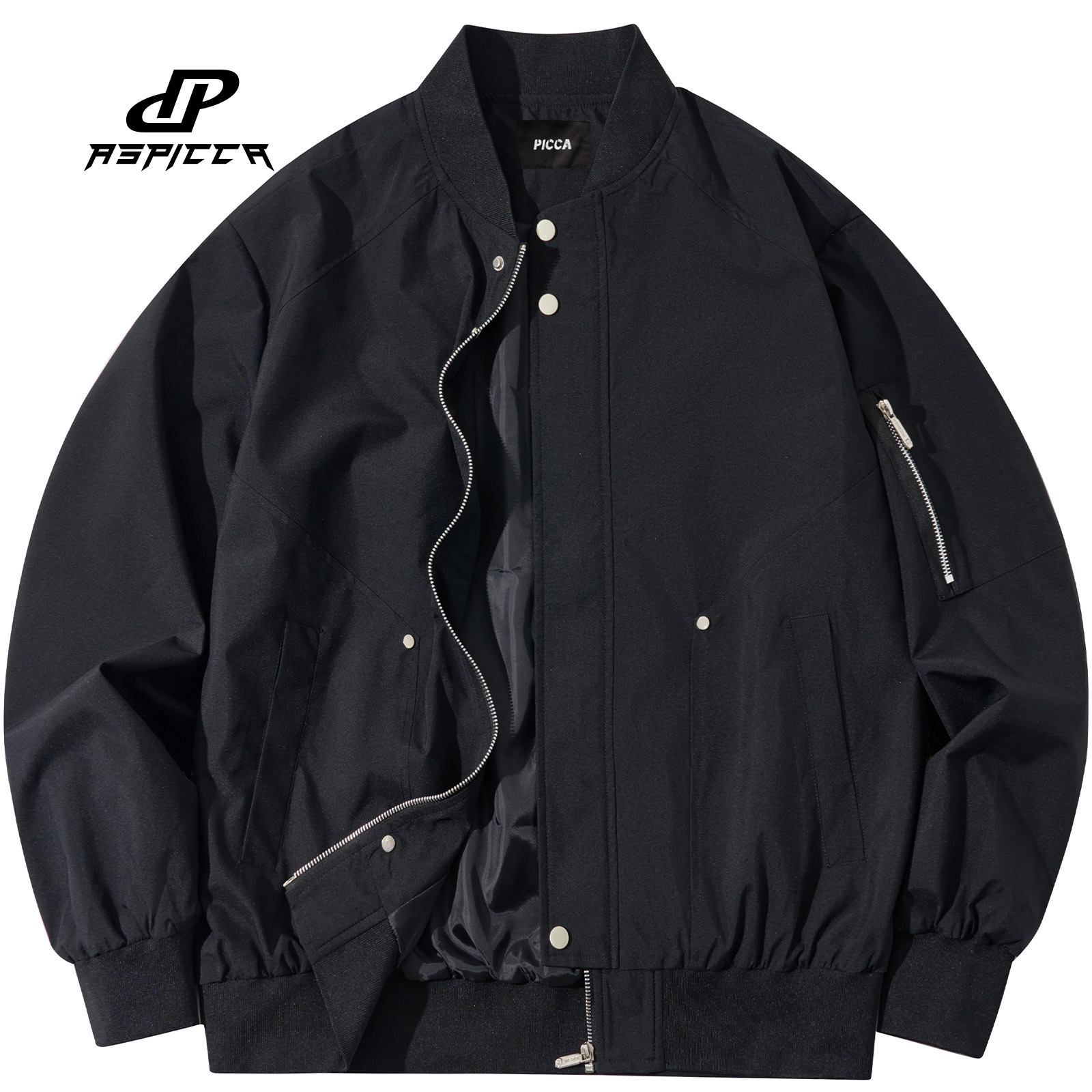 Picca美式高街复古纯色休闲宽松解构金属拉链棒球服飞行服夹克