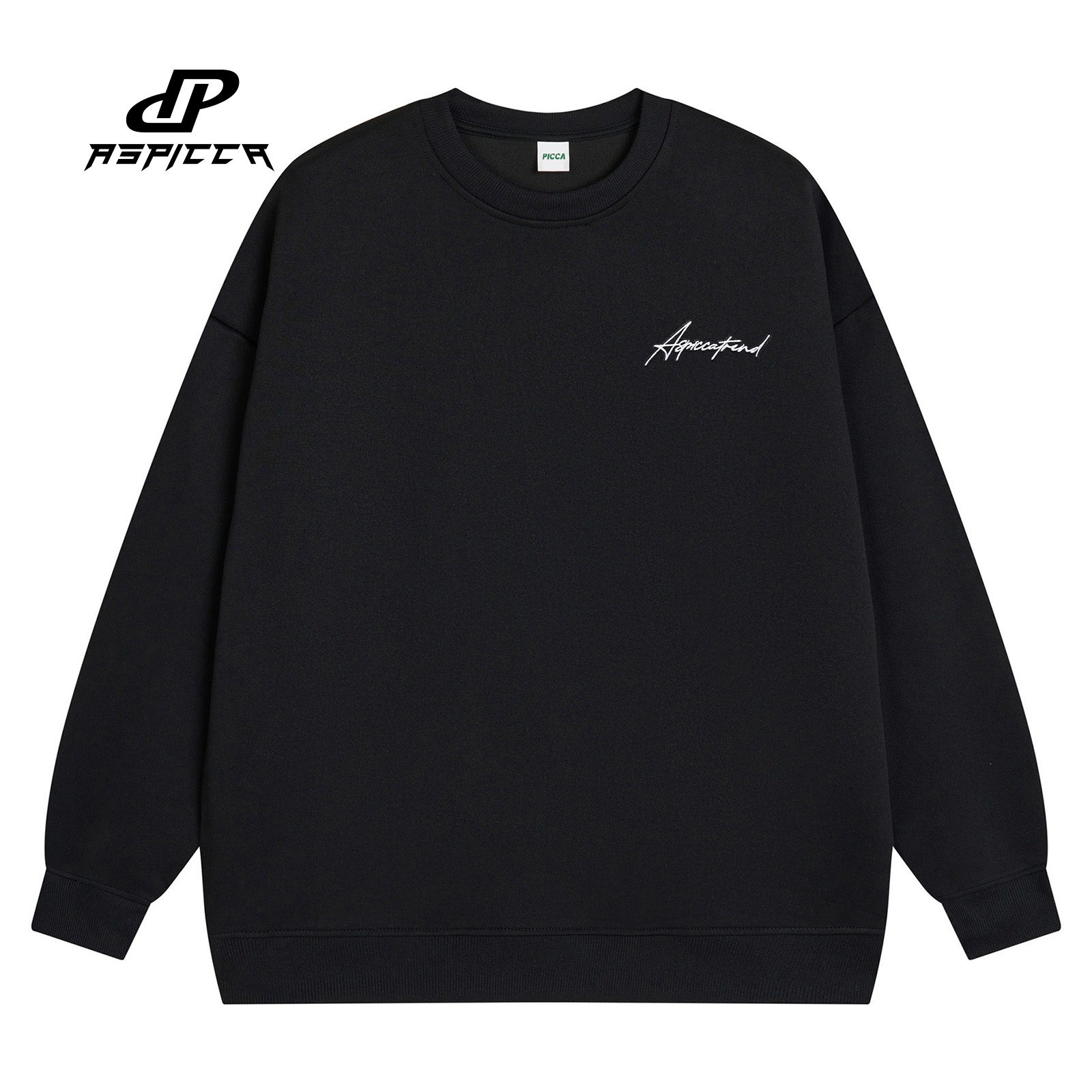 Picca 万针刺绣重磅纯色手写字母Logo圆领宽松舒适厚款落肩卫衣
