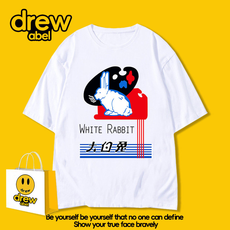 drew大白兔奶糖联名短袖T恤男夏季国潮半袖ins衣服青少年休闲体恤
