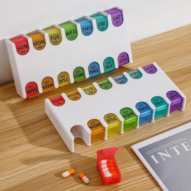 日式便携两周药盒 密封防水防潮小药盒 可拆卸14分格独立分装药盒