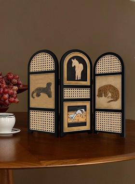 中古风桌面屏风小摆画摆件复古金钱豹装饰画电视柜玄关柜边装饰画