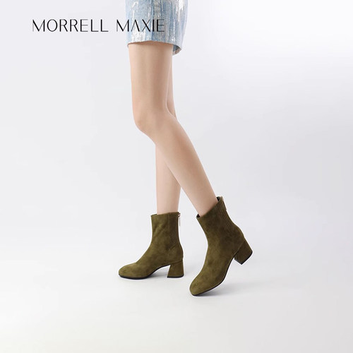 Morrell Maxie复古方头短靴女冬季小羊皮粗跟弹力靴｜MW244013GN
