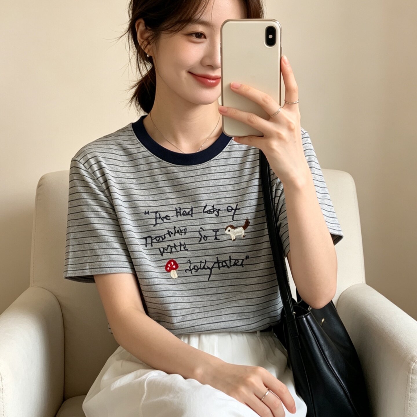 复古细条纹藏青领T恤女