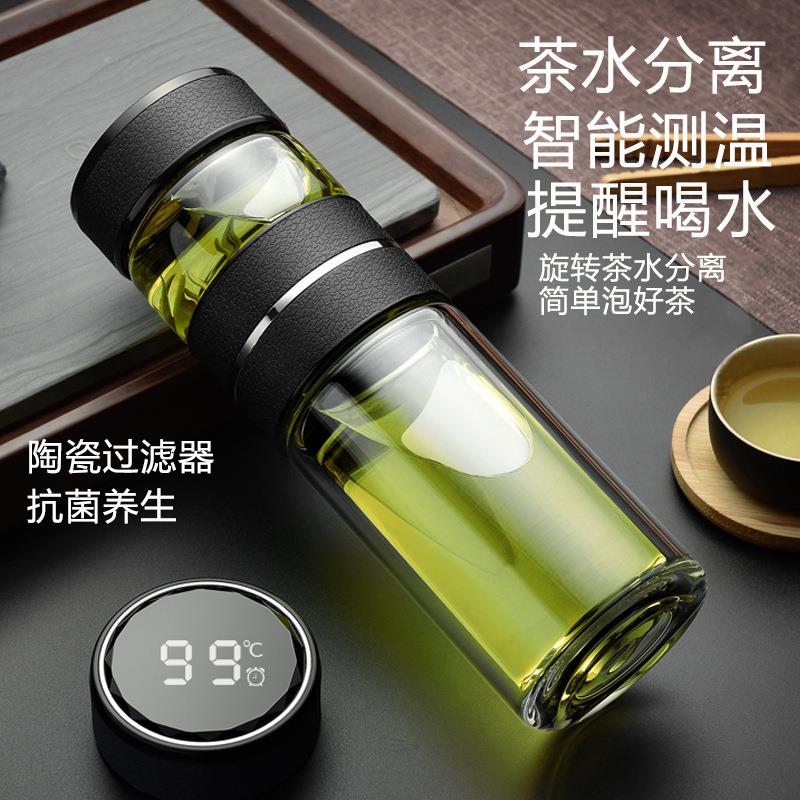 测温智能双层玻璃杯茶水分离泡茶杯男女便携透明隔热水杯子保温杯