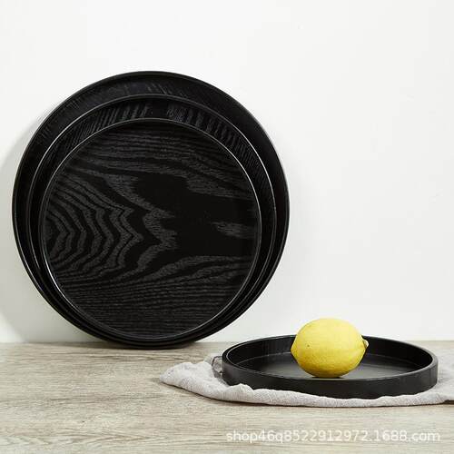 黑色日式实木托盘木制茶具茶盘可爱圆盘酒店水果盘饺子盘餐盘