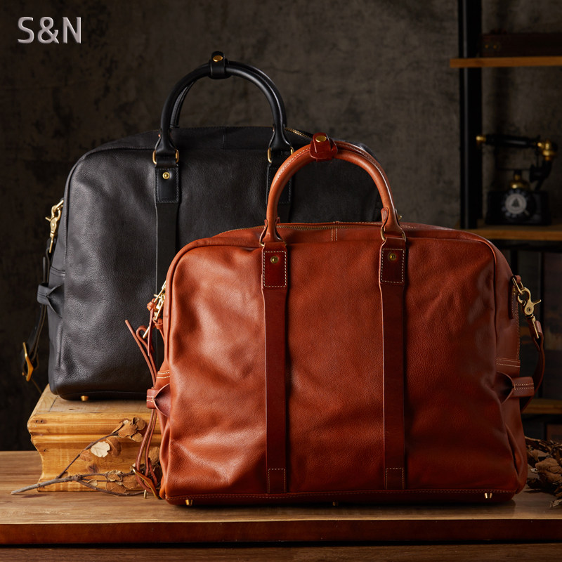 手工头层植鞣牛皮手提包男士出差健身单肩斜挎包真皮大容量旅行包