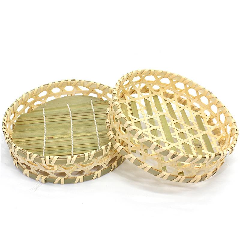 手工竹编果盘零食篮子餐厅糕点馒头托盘家用带垫水果篮厨房收纳筐