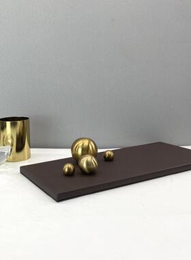 现代简约北欧黑色卡其色PU皮金属球装饰托盘 样板间客厅收纳摆件