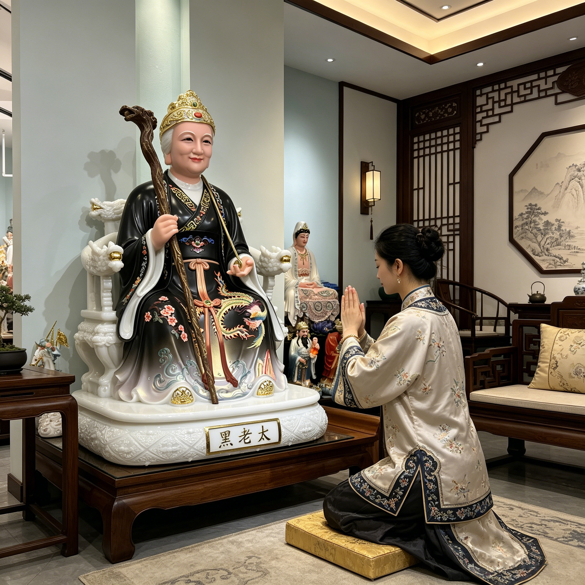 黑老太神像坐山供奉家用汉白玉铁刹山黑妈妈像黑奶奶真身像摆件