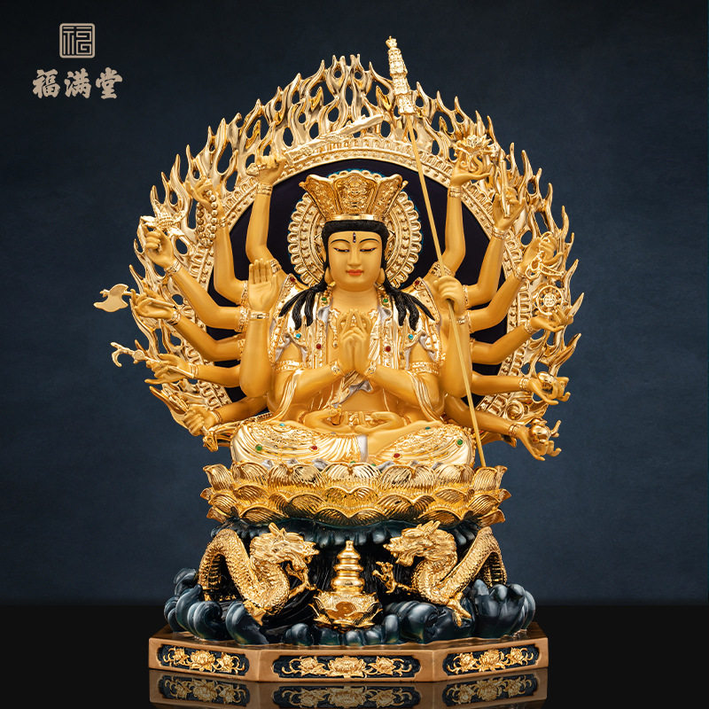 准提菩萨佛像铜鎏金供奉家用准提佛母像佛堂摆件工艺品