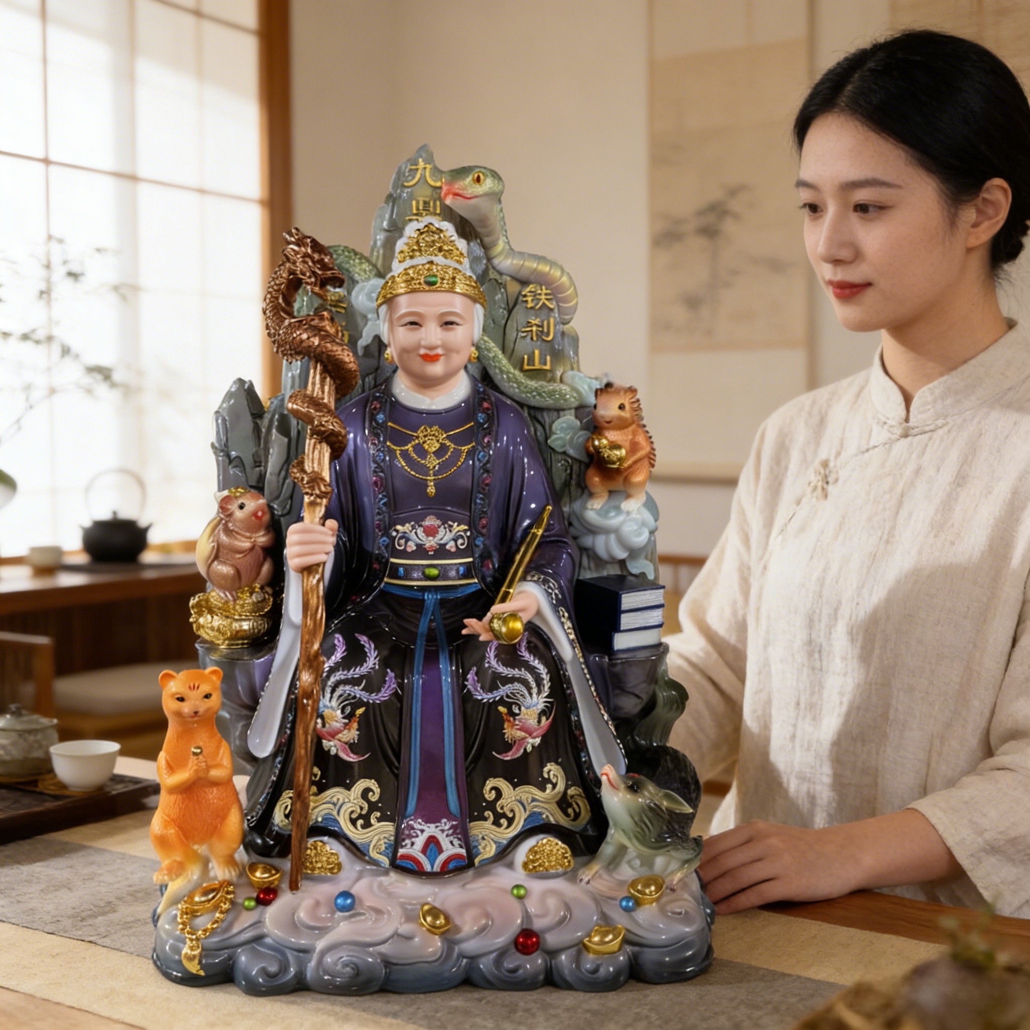 铁刹山黑妈妈像九尾坐骑黑老太太神像真身仿汉白玉供奉家用堂口