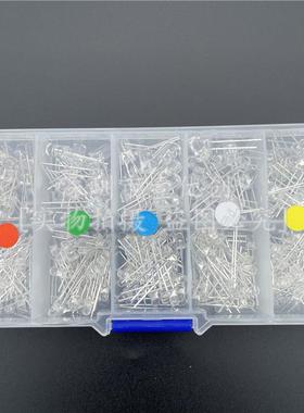 共300PCS 5种颜色F3+5mmLED发光二极管白发红黄蓝绿白灯套盒装个