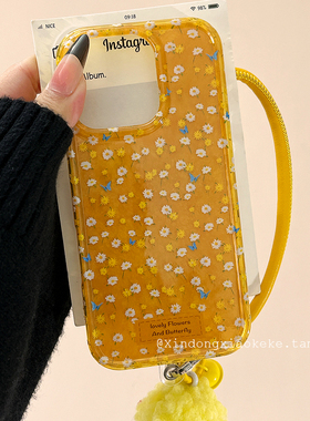 韩系ins黄色小碎花带挂绳适用苹果iPhone16ProMax手机壳15新款14高级感13小众女14promax网红16硅胶15pro全包