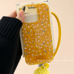 韩系ins黄色小碎花带挂绳适用苹果iPhone16ProMax手机壳15新款14高级感13小众女14promax网红16硅胶15pro全包