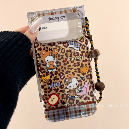 美拉德棕豹纹HelloKitty适用苹果iPhone17ProMax手机壳16pro新款14带链条13小众14promax硅胶17pro创意15全包