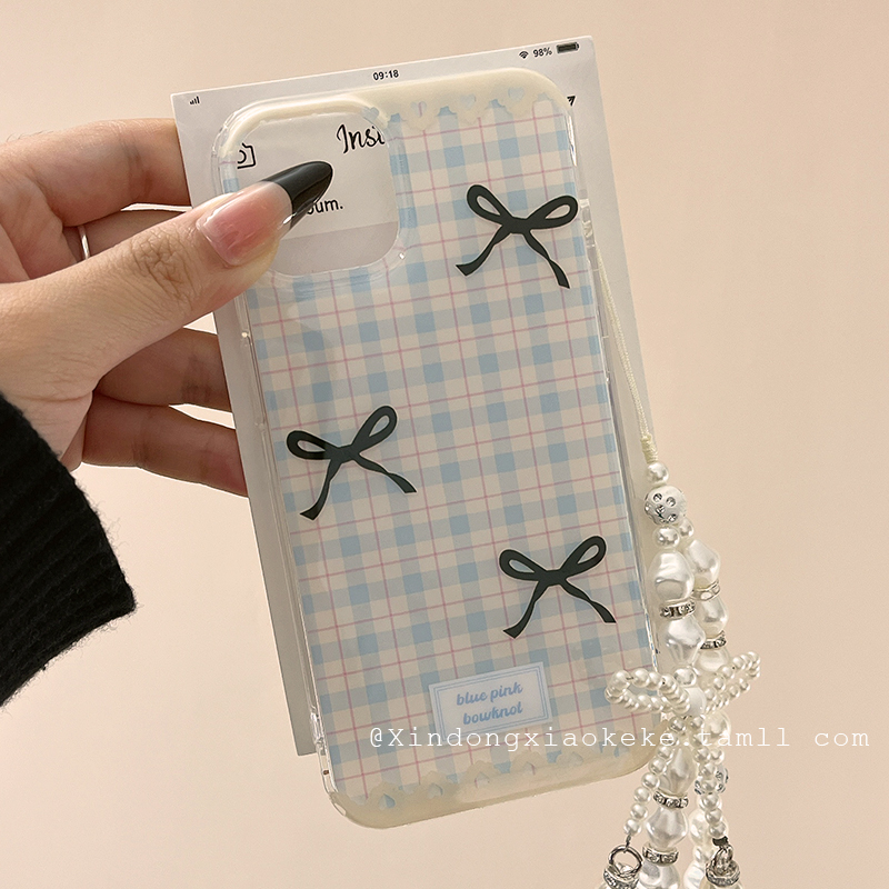 ins简约格子蝴蝶结全包手机壳