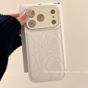 高级感大视窗山茶花纹理适用苹果iPhone17ProMax手机壳16pro新款15简约17小众14promax皮质17pro全包12女款11