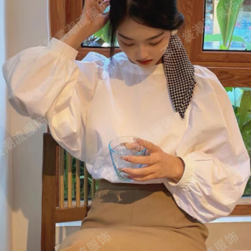 法式宽松白色泡泡袖衬衫女秋复古洋气别致甜美设计感小众圆领上衣