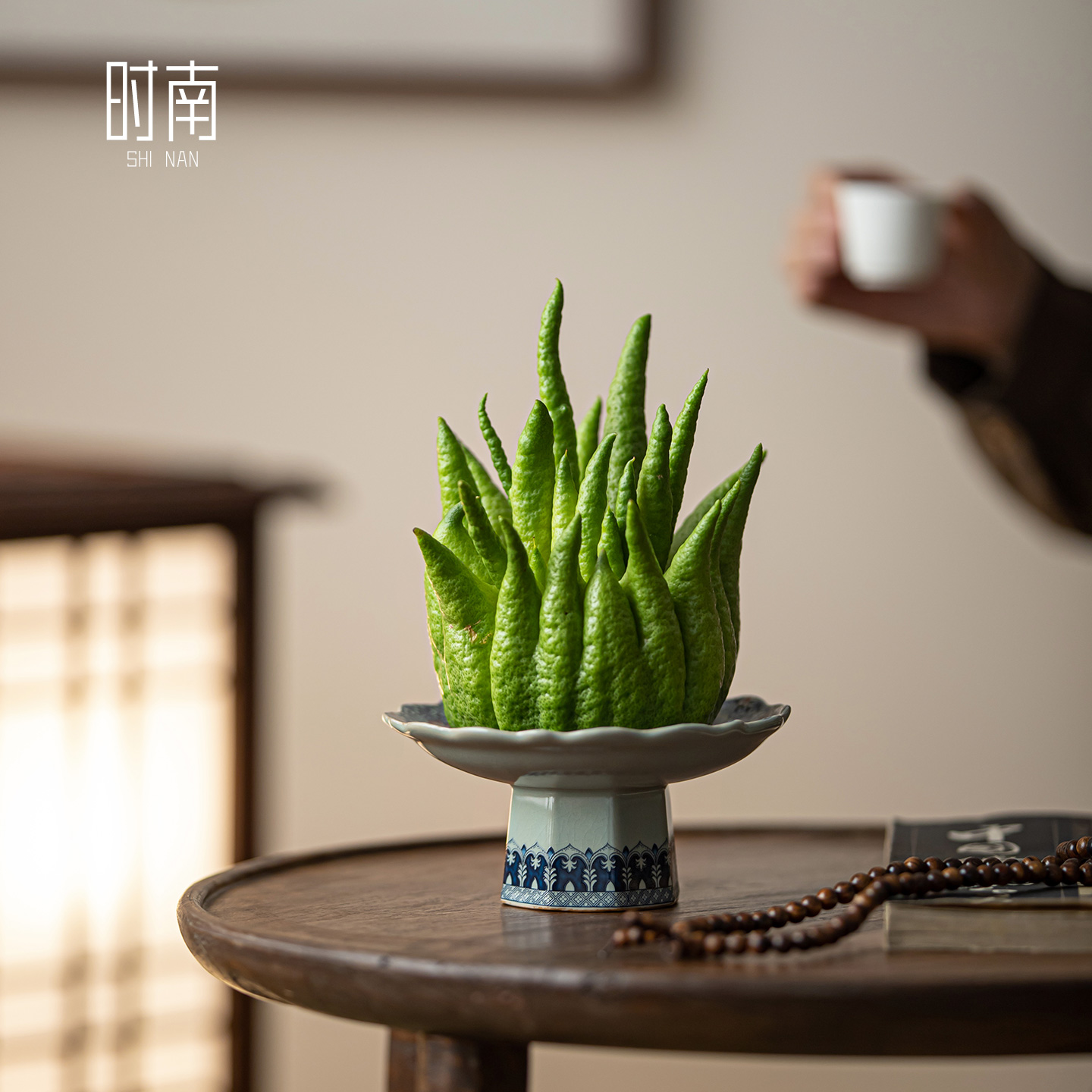 中式高脚青花瓷佛手柑托盘器皿禅意风高颜值佛手柑专用摆放盘供盘
