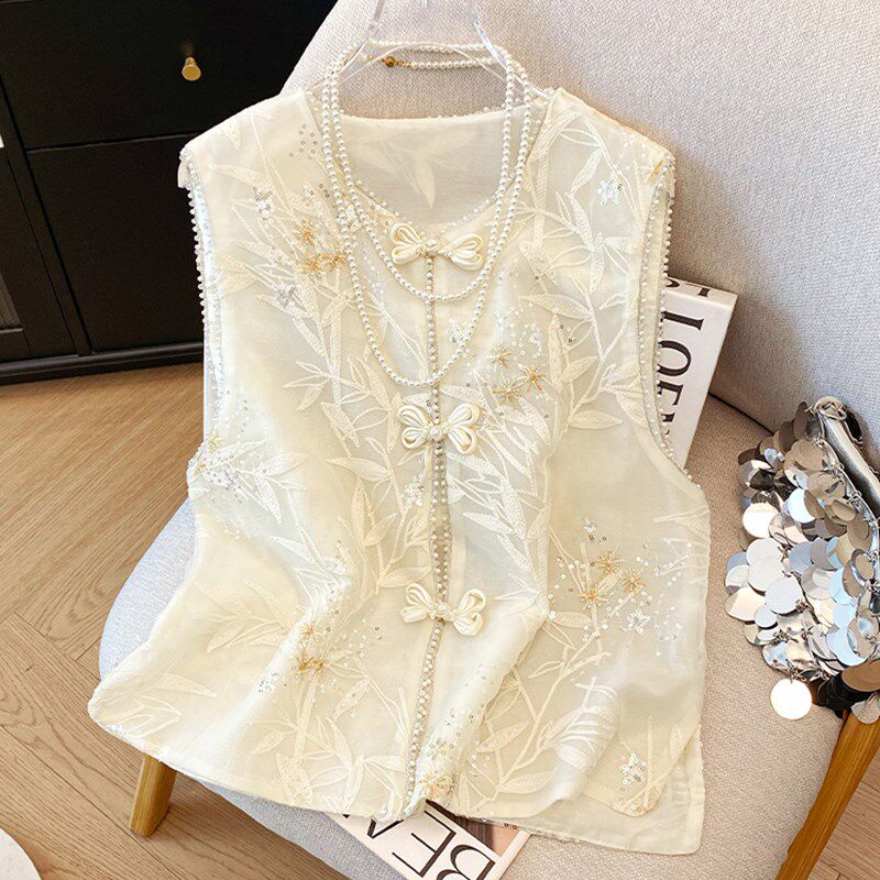新品欧根纱新中式马甲夏季薄款国风刺绣H坎肩上衣圆领无袖背心女